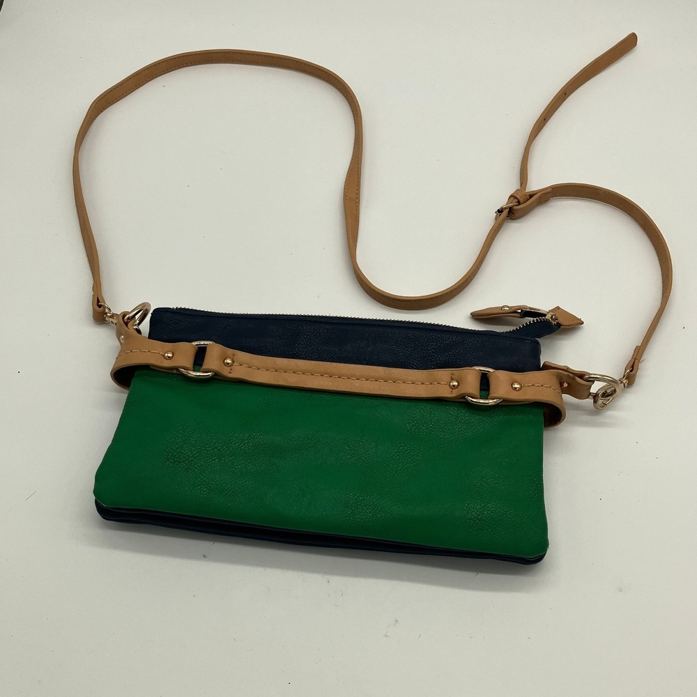 Shiraleah Crossbody Bag Navy Blue Green Tan Colorblock Vegan Leather Gold Tone